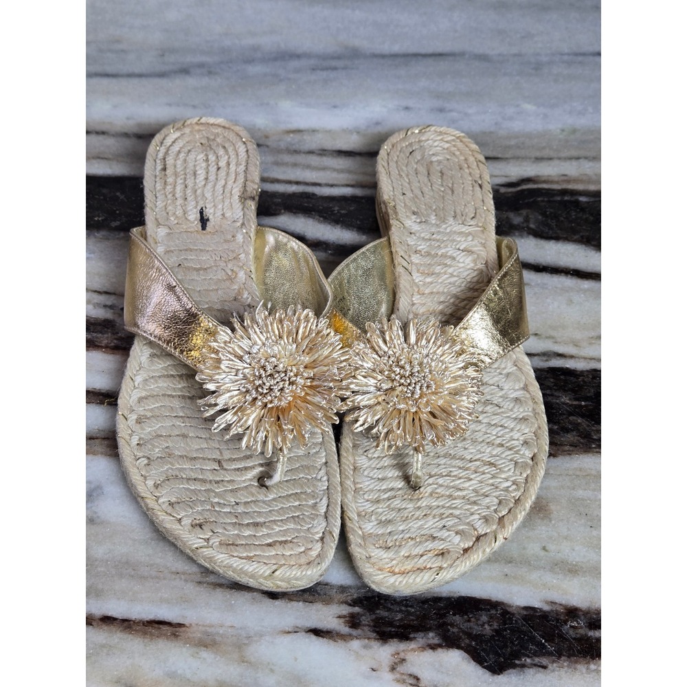Gold Metallic Espadrille Thong Sandals Beaded Flower Pom Pom Made in Spain 9B
